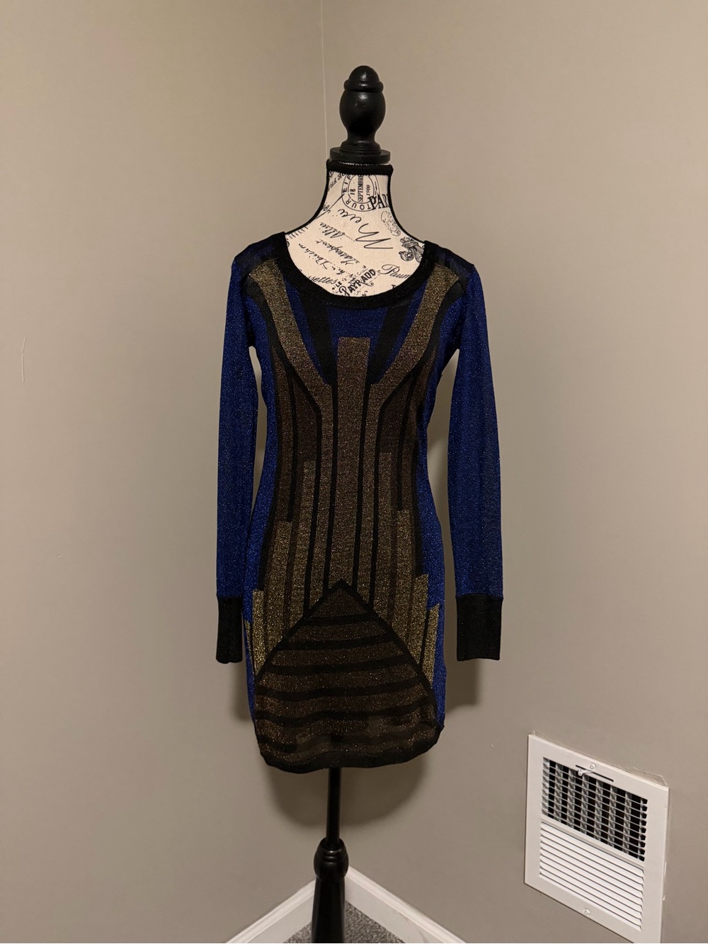 French Connection Blue and Gold Long Sleeve Patterned Knit Dress
